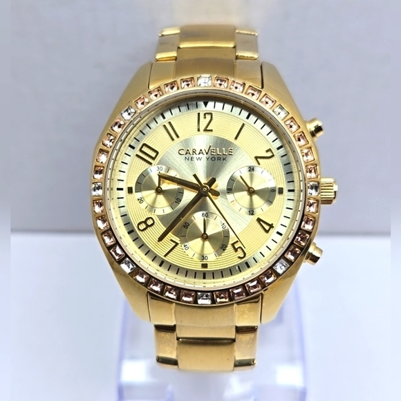 Caravelle Accessories - Caravelle New York Gold Tone Chronograph Women’s Quartz Watch Crystal Bezel